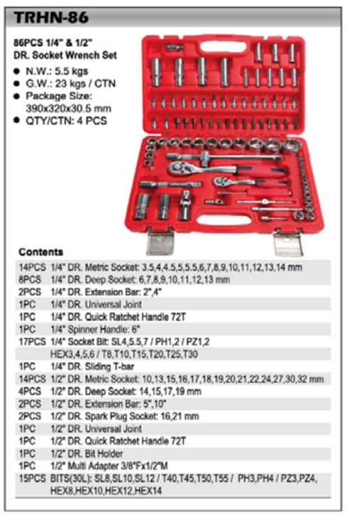 86 PC RATCHET + SOCKET SET 1/4